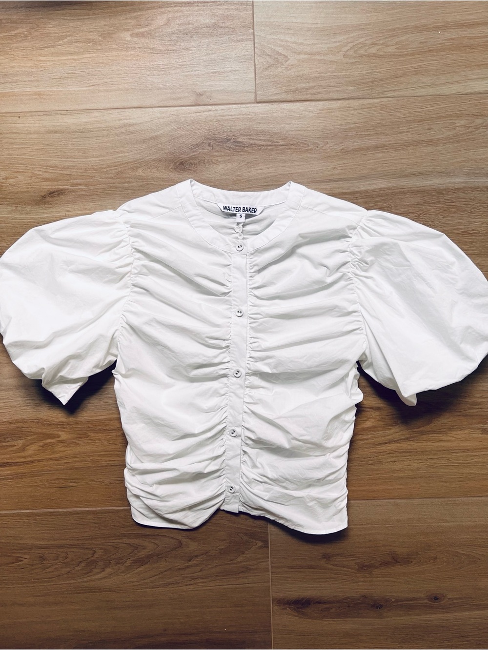 Walter Baker White Ruched Puff-Sleeve Button Front Top